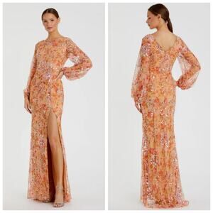 WORN Mac Duggal Floral Sequin Apricot Bishop Puff Sleeve Dress 8